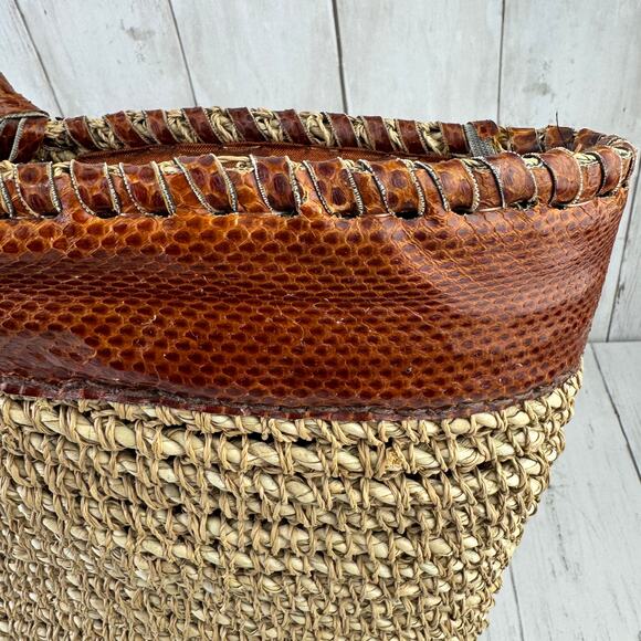 VTG Beirn Brown Cotton Raffia and Leather Trim Shoulder Tote Bag Hand Made - Picture 12 of 15